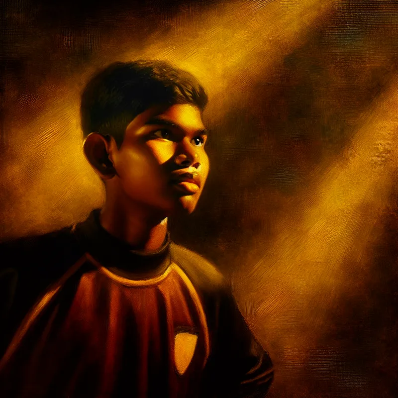 Jonge voetballer als symbool van hoop en verwachting, geschilderd in Rembrandt-stijl met dramatisch licht en schaduw