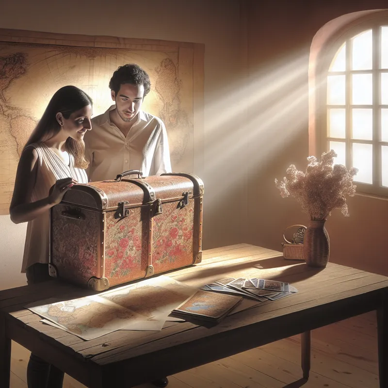 Een jong stel kijkt hoopvol naar een vintage koffer in een warme, zacht verlichte kamer.