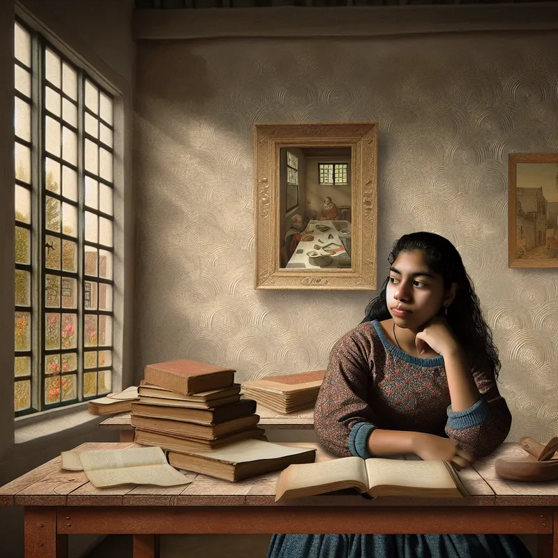 Jonge student in rustige kamer met boeken en papieren, kijkt hoopvol uit het raam bij zacht licht