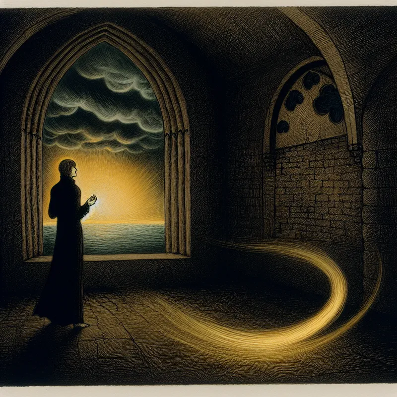 Een eenzame figuur kijkt hoopvol uit een gotisch raam naar een gouden horizon, symboliserend verwachting van een betere toekomst