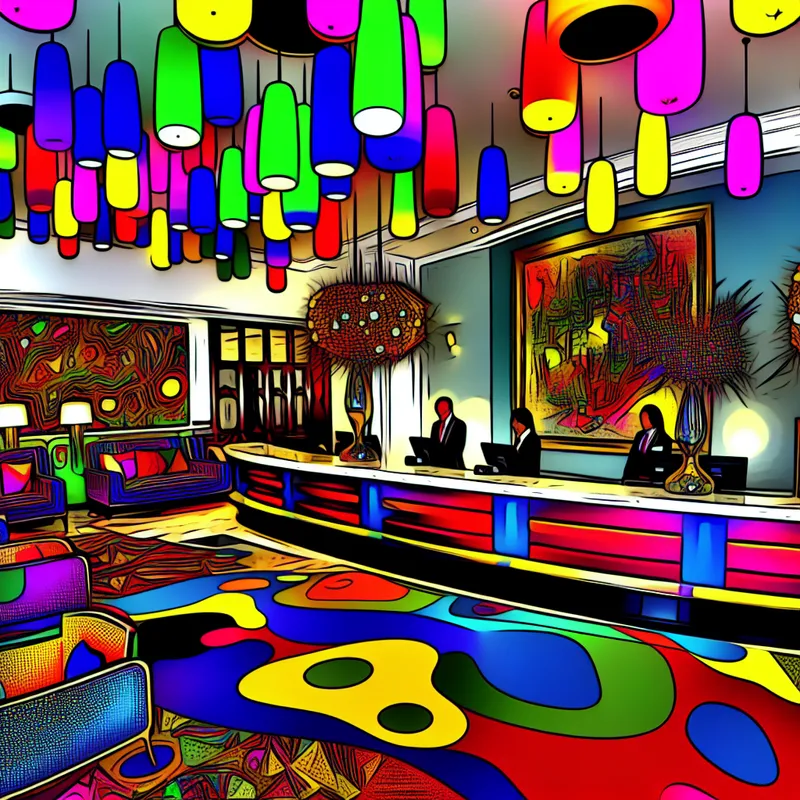 Luxueuze hotelontvangstruimte met kleurrijk meubilair en moderne kunst aan de muren.