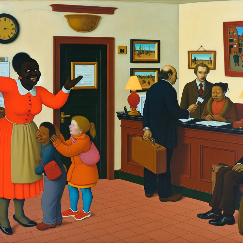 Een enthousiaste receptionist verwelkomt een diverse groep bezoekers bij de receptie van een hotel.