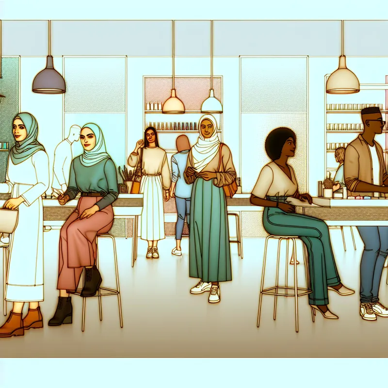 Moderne retro-futuristische illustratie van diverse klanten in een stijlvolle winkel, die kalm en beheerst zijn.