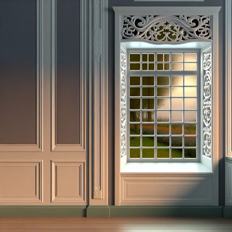 Houten raamframe met gedetailleerd ontwerp, glanzend wit, omgeven door zacht licht en een serene tuin op de achtergrond.