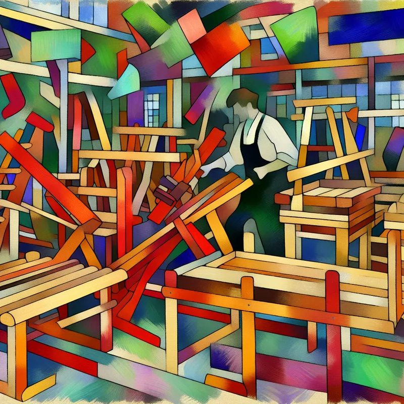 Een ambachtsman assembleert een kleurrijke houten schutting in een levendige werkplaats vol met houten meubels.