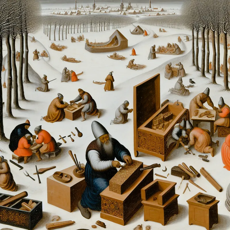 Een ambachtsman bewerkt hout in een winterlandschap in de stijl van Avercamp