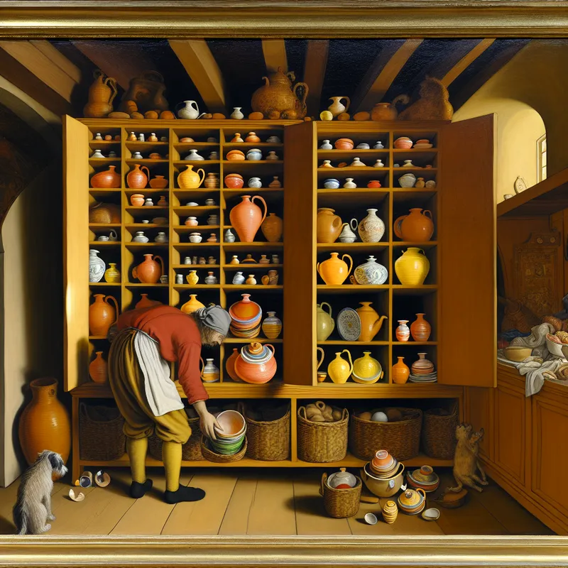 Druk huishouden met houten kast waarin kleurrijke keramische kopjes in het bovenste vak worden opgeborgen, in de stijl van Jan Steen