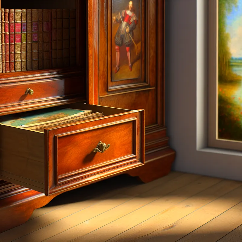 Traditionele houten kast met een open lade die oude fotoalbums onthult, zacht verlicht door natuurlijk licht.