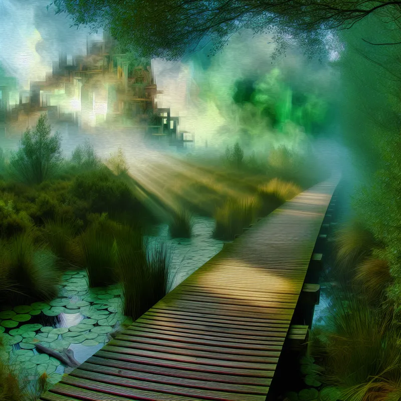 Hyperrealistische scène van een houten loopplank die door een mistig wetlandsgebied leidt, omgeven door dichte vegetatie.