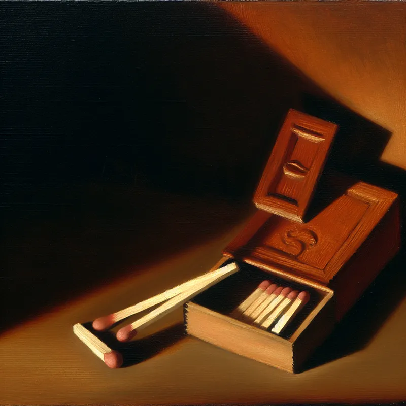 Realistisch schilderij van een houten luciferdoosje met een gedeeltelijk geopend schuifdeksel, verlicht door dramatisch clair-obscur licht