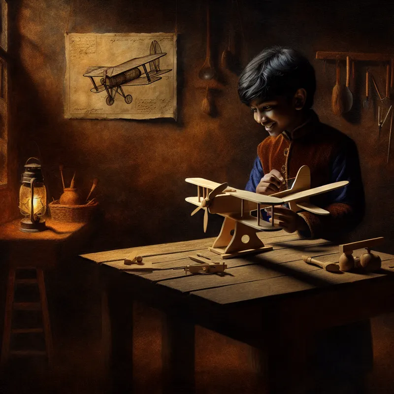 Jongen in 17e-eeuwse kleding bouwt zorgvuldig een houten modelvliegtuig in een verlichte werkplaats met Rembrandt-stijl belichting