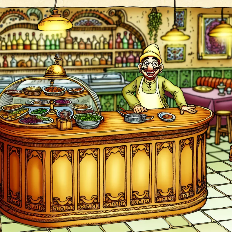 Een kleurrijke cartoon-illustratie van een houten restaurantbalie met een vriendelijke karakter in een schort achter de balie die bestellingen opneemt. 