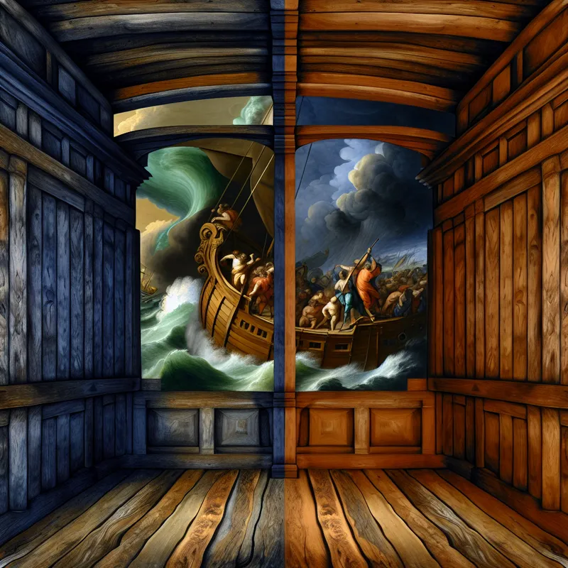 Barokke scheepscabine tijdens storm met houten schot als afscheiding tussen ruwe zee en kalme ruimte