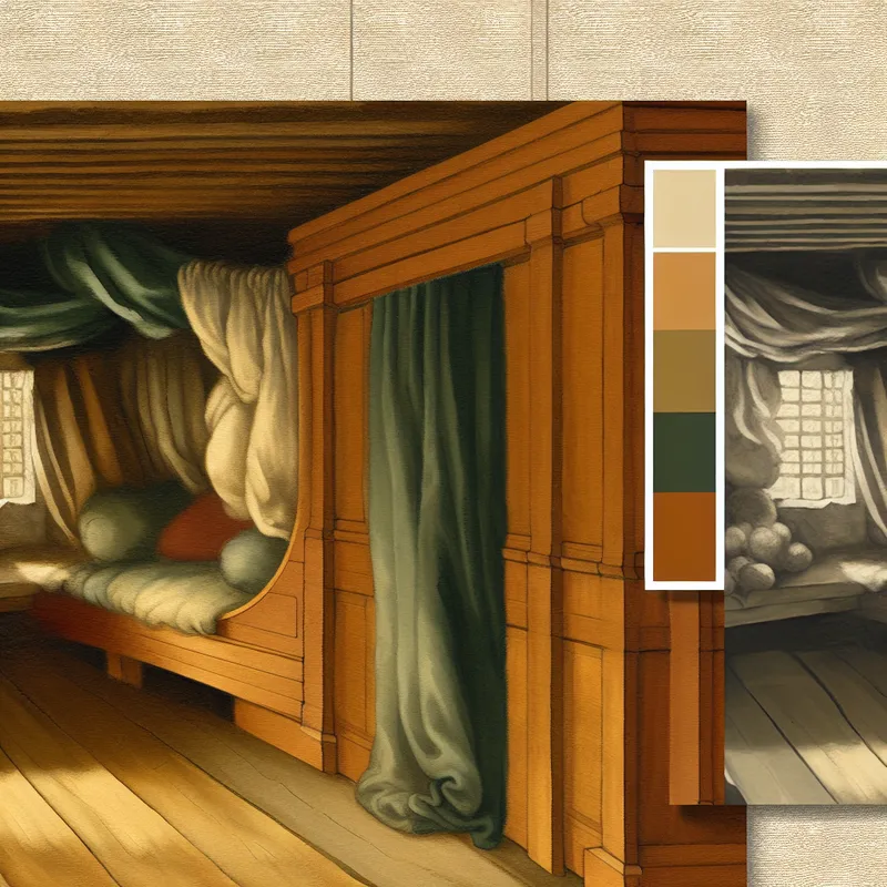 Elegant houten schot als afscheiding in een scheepshut of kamer, met warme en koele zijden, subtiele verlichting en gedetailleerde texturen