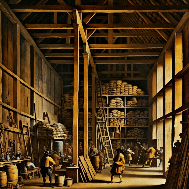 Barokke voorstelling van een houten schot dat een werkplaats verdeelt in een rommelige werkruimte en opgeruimde opslag met gereedschap en zakken