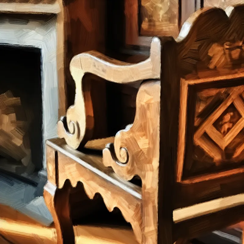 Een prachtig vervaardigde houten stoel met een focus op de wang, in een gezellige interieur setting met warme verlichting.