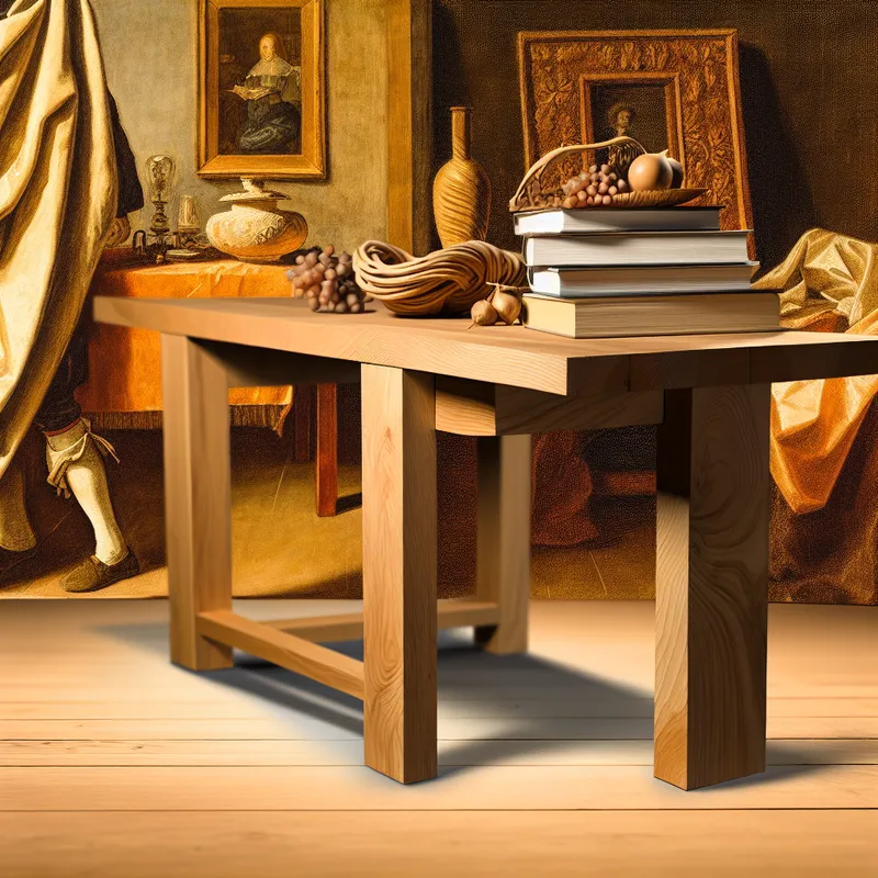 Een sterk houten tafel met een stapel boeken en decoratieve objecten, belicht in een warme kamer.