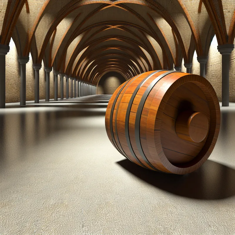 Hyperrealistisch surrealistisch tafereel van een grote houten ton die soepel over een gepolijste marmeren vloer rolt in een monumentale hal, met nadruk op draaiende beweging om de as