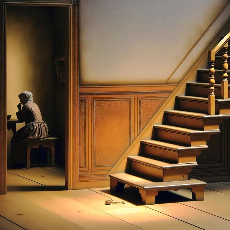 Een jonge meid zit op de voet van een houten trap met een lichte schaafwond op haar knie, omringd door een sereen interieur.