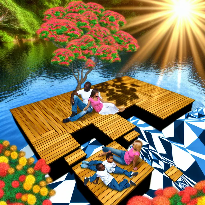 Houten vlonder boven een rustig meer met een gezin dat van de zon en bloemen geniet.