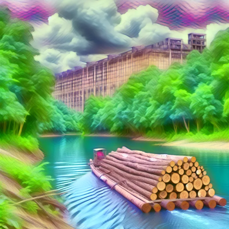 Een houten vlot dat zachtjes stroomafwaarts drijft op een rivier omringd door weelderige groene natuur en bloemen.