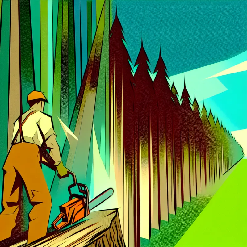 Een retro-futuristische illustratie van een timberman die bomen zorgvuldig afkapte in een groen bos met een heldere lucht.