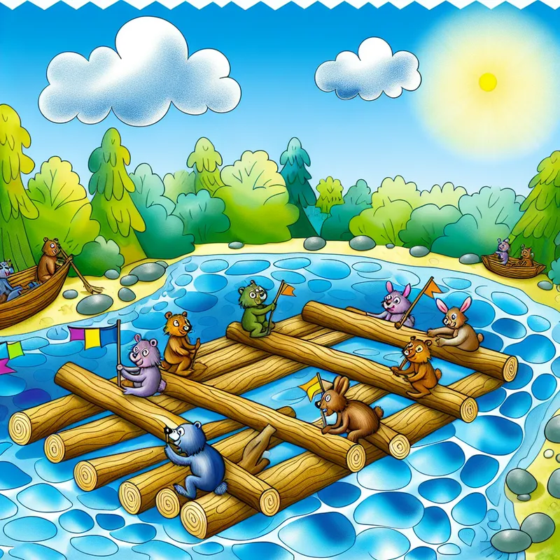 Een speelse cartoonachtige afbeelding van een groot houten vlot met kleurrijke vlaggen, waarop dieren zoals beren en konijnen samenwerken en plezier behalen op een sprankelende rivier.