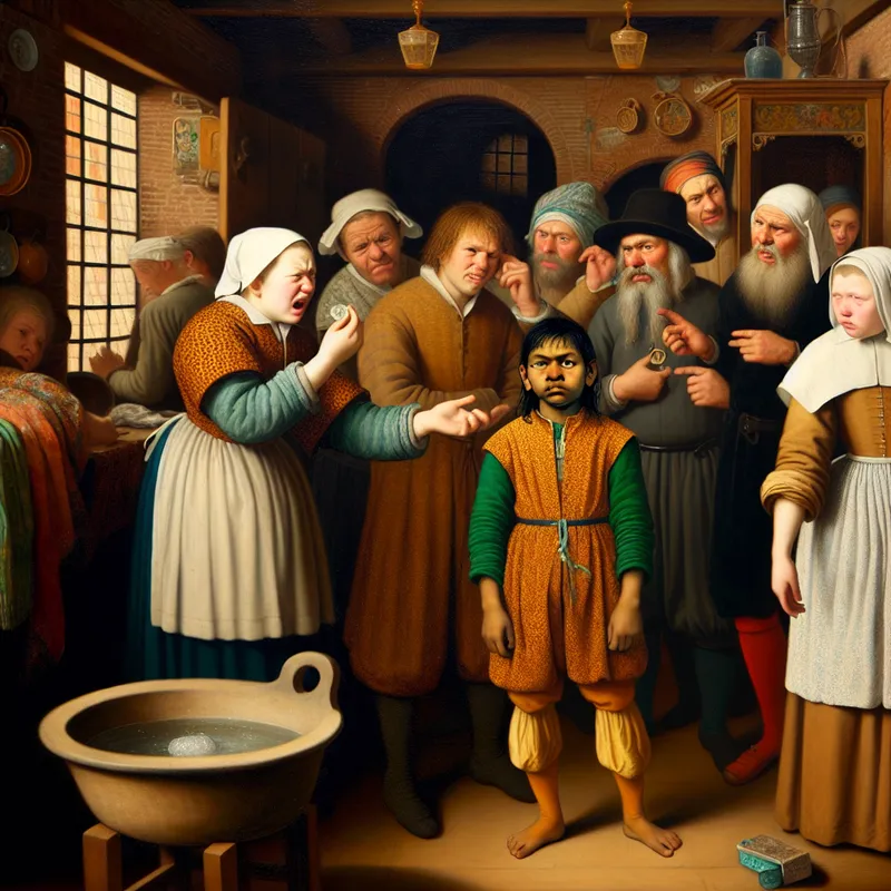 17e-eeuws Nederlands huishouden met een meisje dat een huidreactie vertoont na contact met zeep, omringd door bezorgde familieleden