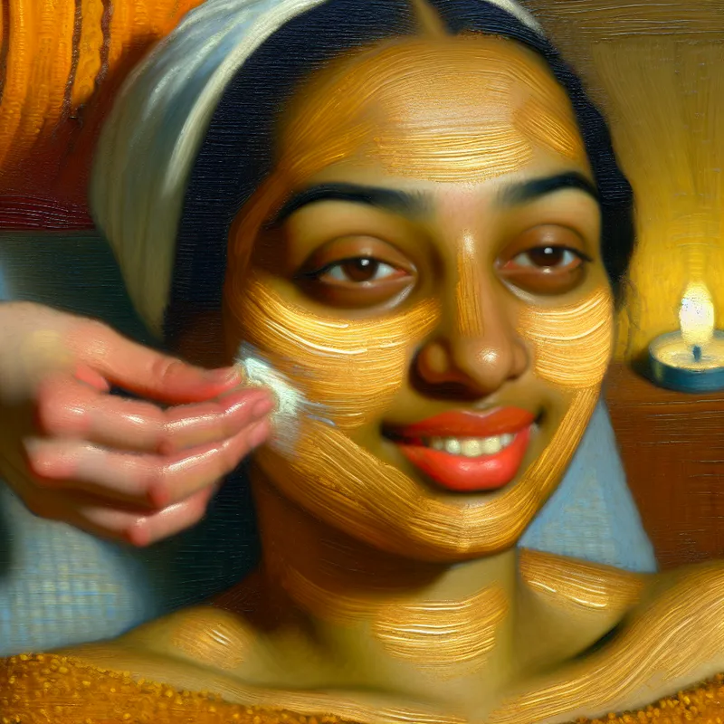 Vrouw ontspant tijdens huidscrubbehandeling door schoonheidsspecialiste in warme spa-omgeving, geschilderd in levendige stijl van Frans Hals