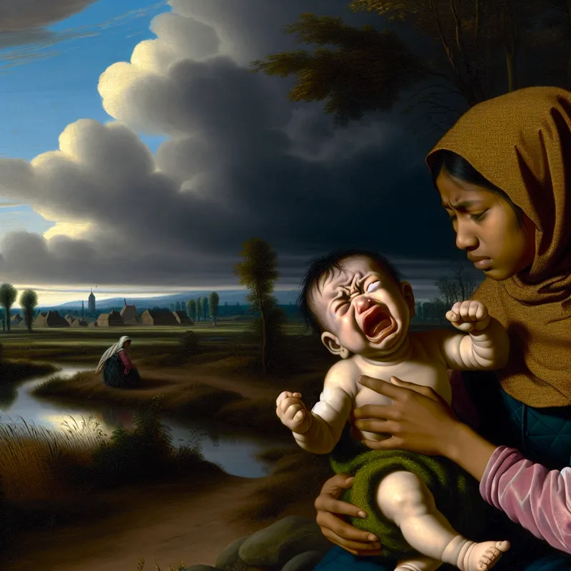 17e-eeuws Nederlands landschapsschilderij van Jacob van Ruisdael met een jonge moeder die een hard huilende baby vasthoudt in een serene omgeving