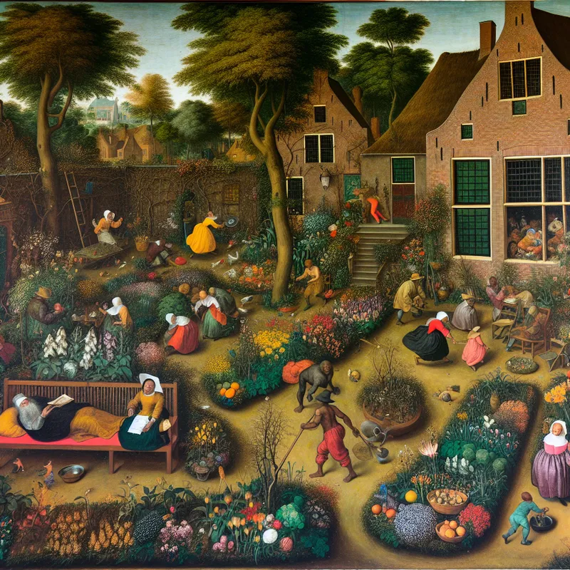 Levendige en drukke huisomgeving met grote tuin vol planten en bloemen in Jan Steen stijl