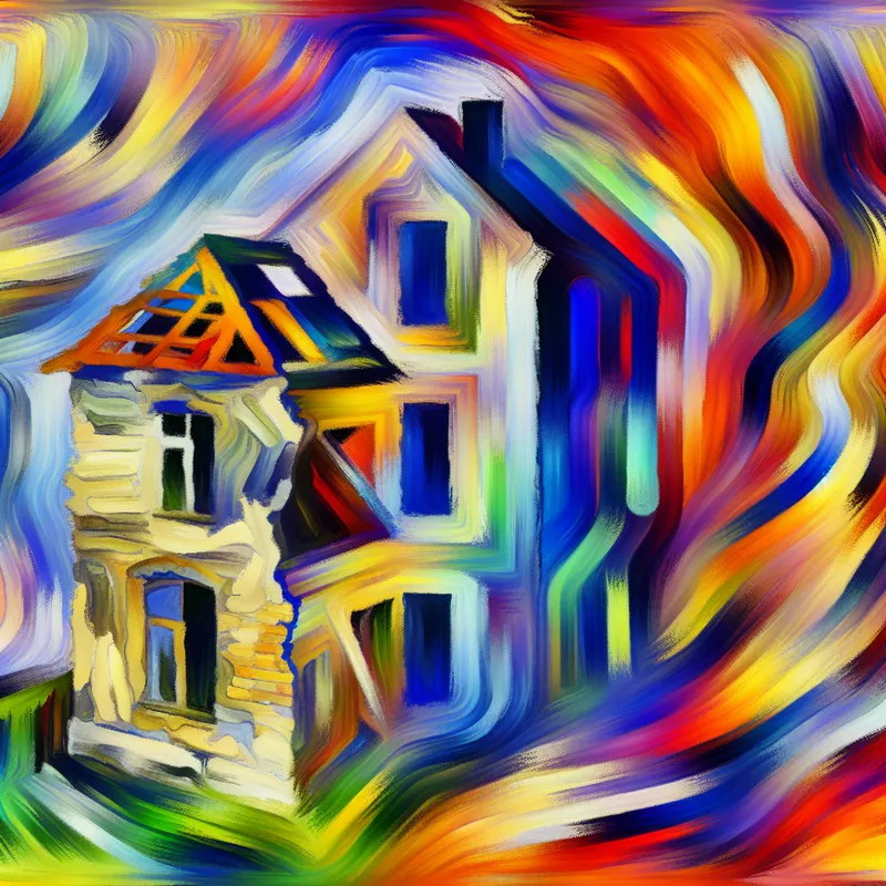 Abstracte voorstelling van een huis in renovatie, met verval aan de ene kant en levendige restauratie aan de andere.
