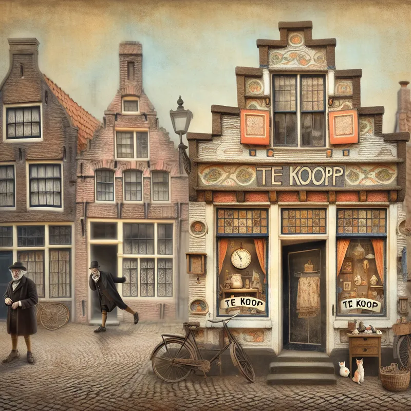 Schilderachtige oude straat met een nostalgisch huis te koop, een gehaaste man met een zakhorloge en charmante details in de stijl van Anton Pieck