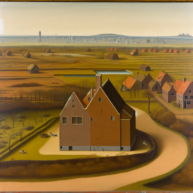 Rustig plattelandslandschap met een huis tussen een stad en een dorp, verlicht door zacht, gediffunderd licht.