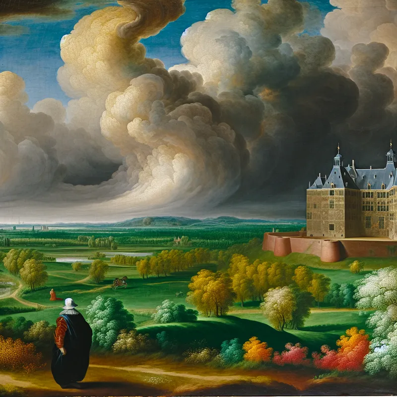 Een majestueus landschap met het kasteel van het Huis van Oranje-Nassau, koning Willem-Alexander in regalia, en een dramatische lucht.