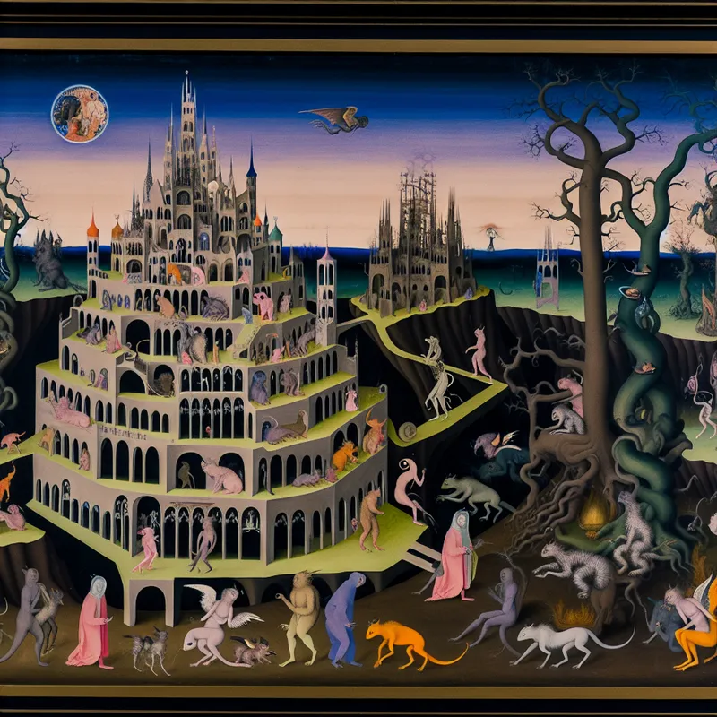 Surrealistisch beeld van het Huis van Oranje-Nassau met een kleurrijk paleis omringd door bizarre wezens in de stijl van Hieronymus Bosch.