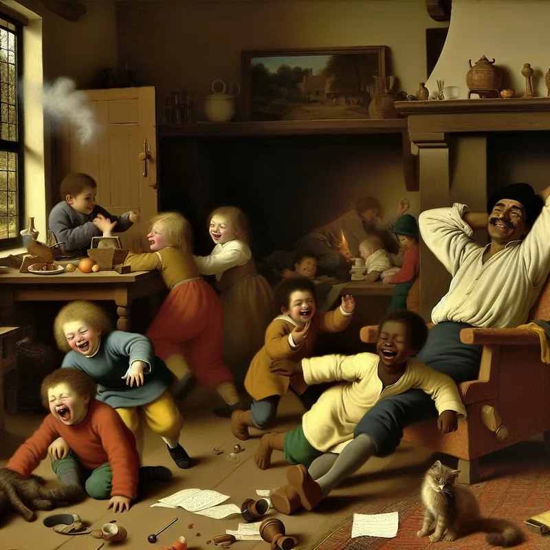 Een levendig huishoudelijk tafereel met spelende kinderen terwijl een lachende ouder ontspannen in een stoel zit met een kop thee.