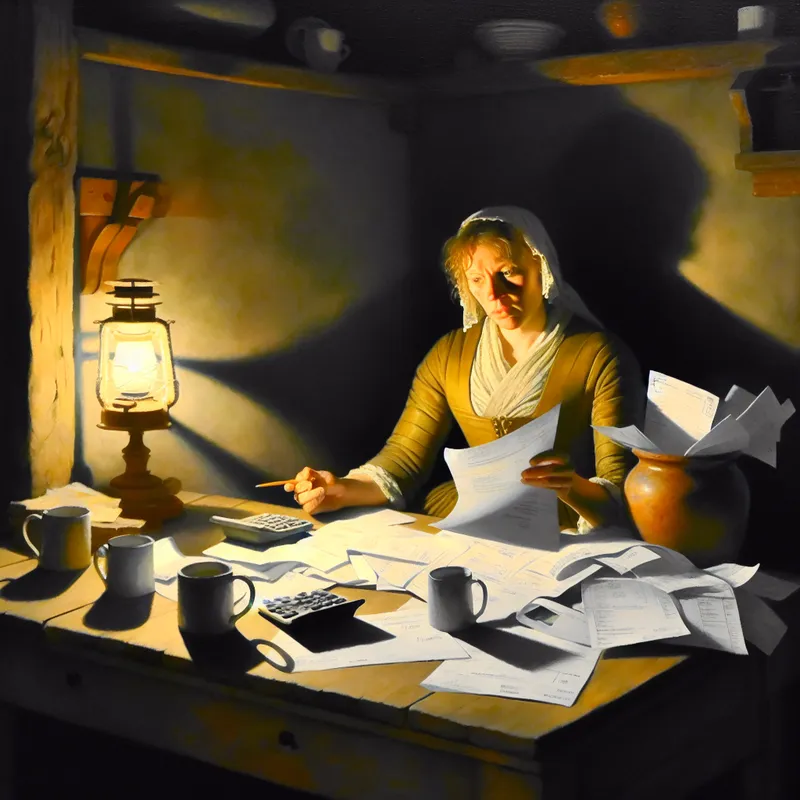 Persoon geconcentreerd bezig met het bekijken van huishouden rekeningen en facturen aan een houten tafel