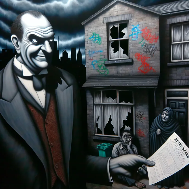 Een huiseigenaar bekend als 'huisjesmelker' voor een vervallen appartementengebouw, omringd door graffiti en gebroken ramen.