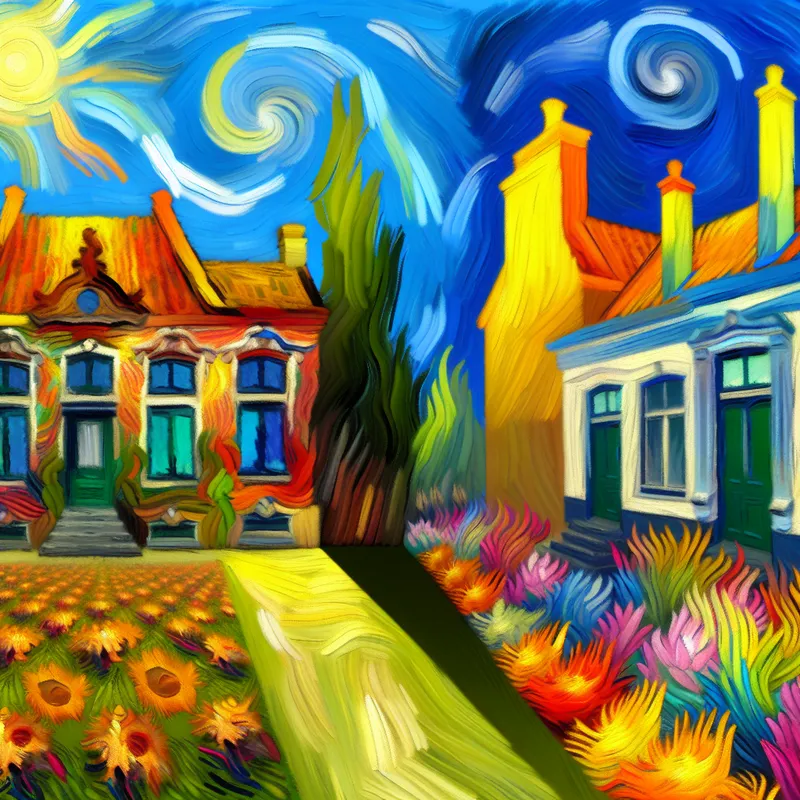 Twee huizen naast elkaar in Van Gogh-stijl, één groot en kleurrijk, de ander klein en bescheiden, onder een blauwe lucht met een levendige tuin.