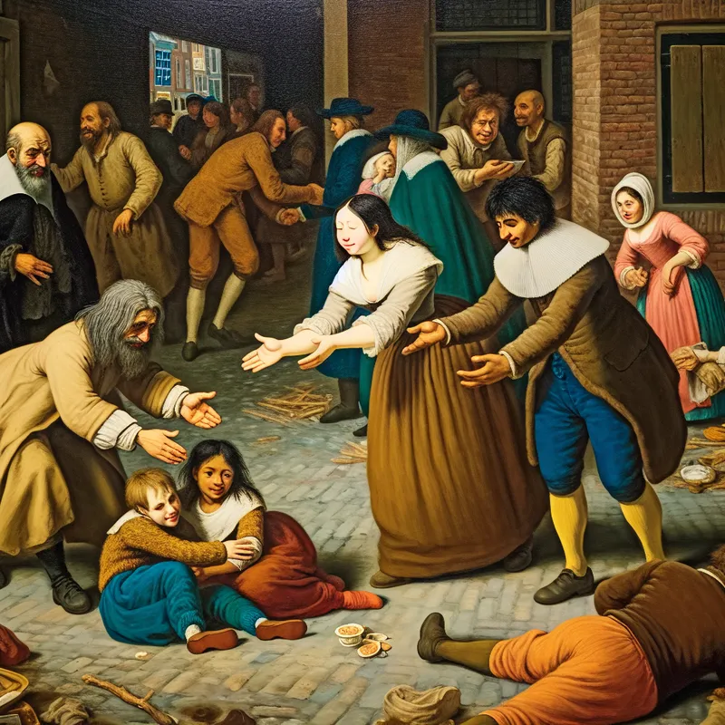 Vibrante straat scène met een vrouw die hulp aanbiedt aan een dankbare familie in een drukke stedelijke omgeving.