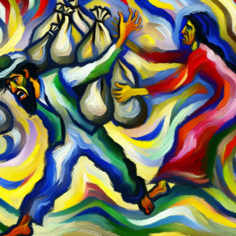 Abstract expressionistisch schilderij van twee personen waarbij de ene persoon zware boodschappentassen draagt en de andere helpende hand biedt onder moeilijke omstandigheden