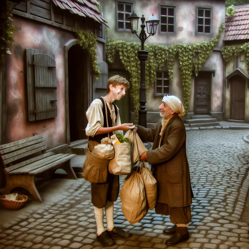 Vriendelijke jongen helpt oudere buurman met boodschappen dragen in nostalgisch straatje