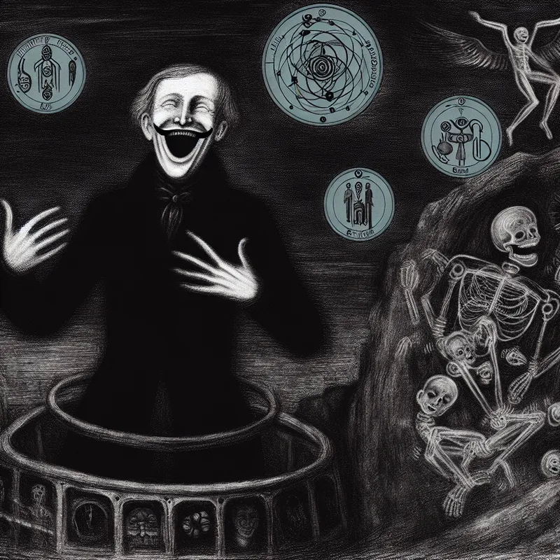 Illustratie van een mannelijke figuur in een gothische setting, die een grap vertelt en omringd is door humoristische elementen.