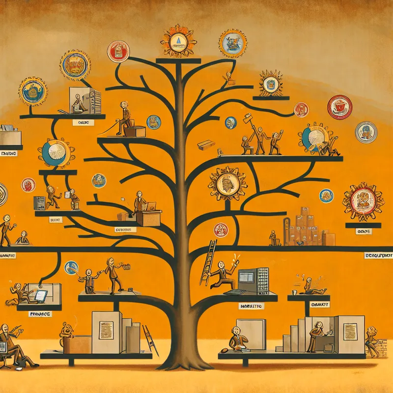 Illustratie van een boomdiagram dat een bedrijfsstructuur weergeeft met humoristische personages en symbolen.