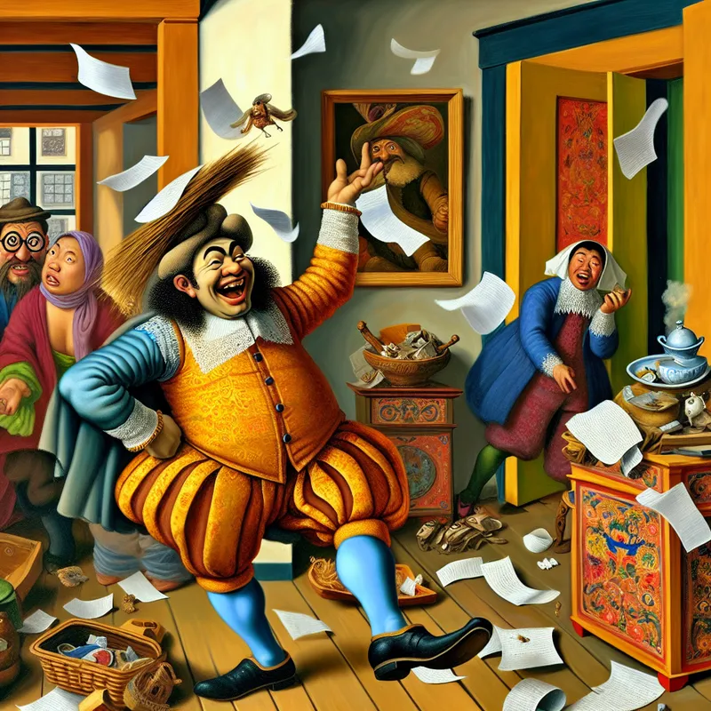 Een komische afbeelding van een karakter dat nonchalant een stapel rommel en papierwerk weggooit, met een uitdrukking van blijdschap.