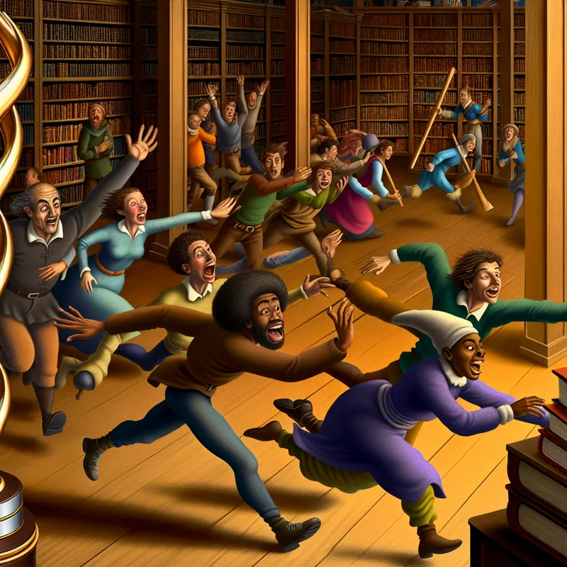 Een vrolijke achtervolging in een drukke bibliotheek waar diverse mensen naar een grote trofee voor kennis rennen, boeken vliegen van de planken.
