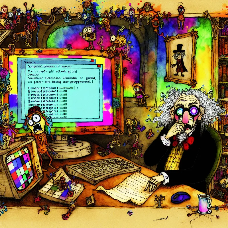 Een cartoonachtige afbeelding van een computer met een foutmelding, omringd door komische personages en een chaotisch bureau.