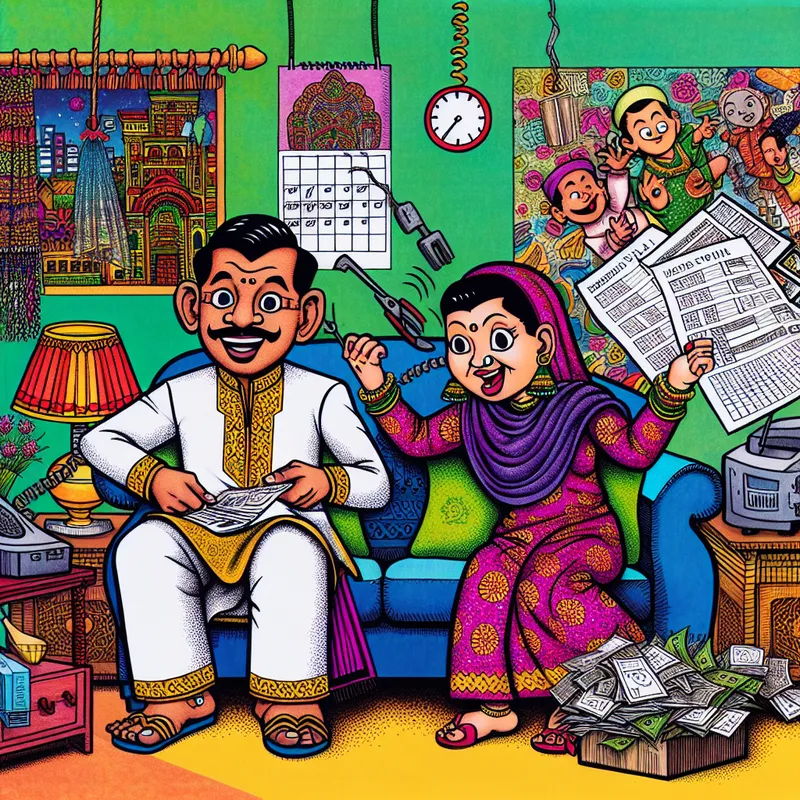 Een grappige cartoon van een echtpaar op een bank, omringd door huishoudelijke rommel, met de man die een kapotte lamp probeert te repareren en de vrouw die een stapel rekeningen en een huilende baby jongleert.