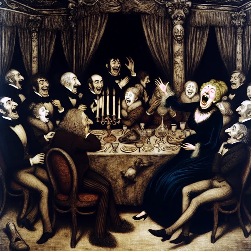 Een centrale vrouwelijke figuur vertelt enthousiast een humoristisch verhaal op een sfeervol dinerevenement, waarbij gasten lachen en genieten.